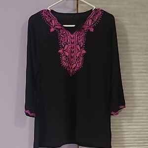 Black and Pink Embroidered Women's Top